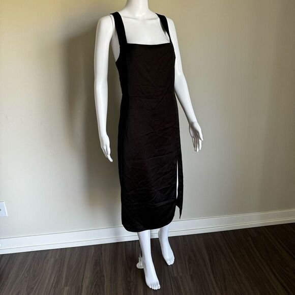 90’s Style Black Slip Midi Dress With Leg Slit - Picture 3 of 8